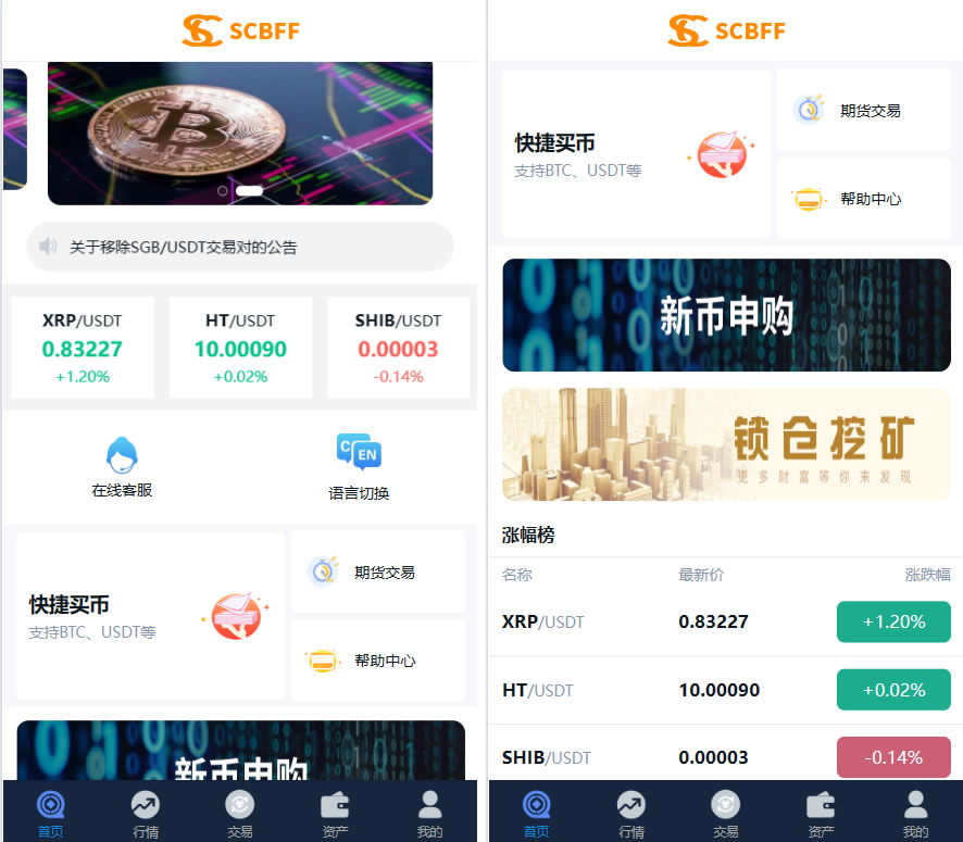 多语言SCBFF交易所源码 新币申购/杠杆交易/C2C交易/秒合约/锁仓挖矿 PHP+uniapp源码 带机器人+安装教程,1.jpg,多语言,SCBFF交易所源码,C2C交易,锁仓挖矿,第1张
